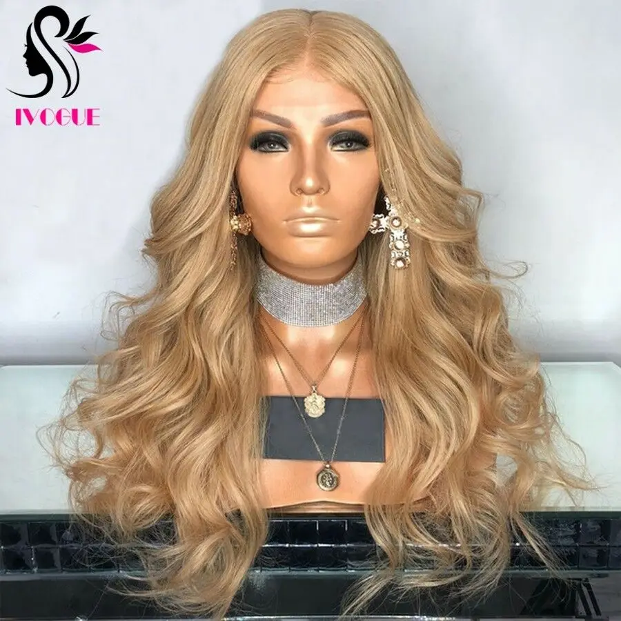 

Golden Blonde Human Hair Wigs Body Wave 5x5 Silk Base Closure Wig Long Wavy European Remy Hair Silk Top Wig Free Part Color #27