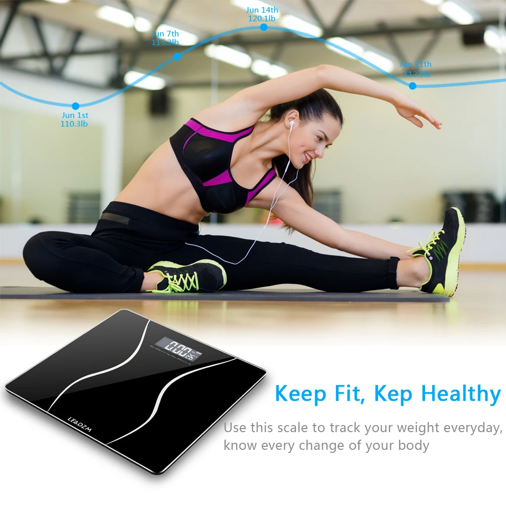 

Auto-switch-off LEADZM 180Kg Slim Waist Pattern Personal Scale Black Clear HD backlit LCD display Black color Bathroom Scales