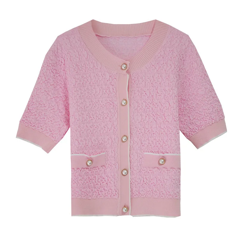 

Ladies Japan Style 0-neck Knitwear T-shirt Contrast Color Single-breasted Double Pockets Wrinkled Women Knitted Cardigan Top