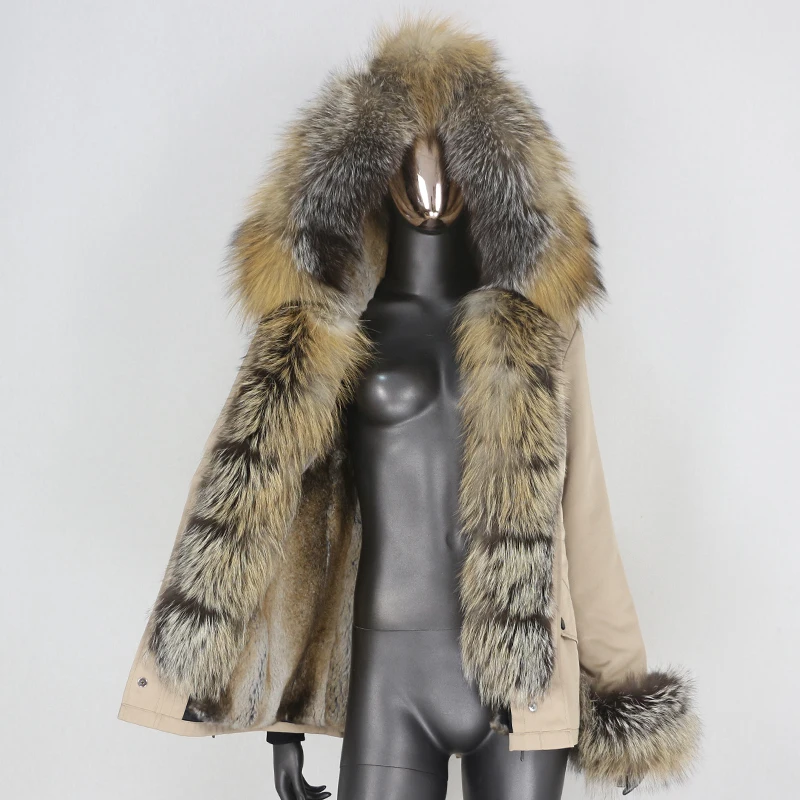 

CXFS 2021 Winter Jacket Women Short Waterproof Parka Real Rabbit Fur Coat Natural Fox Raccoon Fur Collar Hood Removable Warm