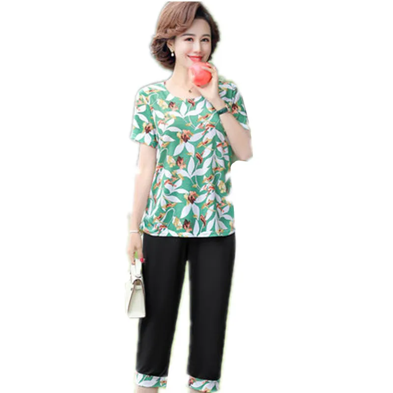 

Summer short-sleeved casual suit middle-aged female fashion printed t-shirt + pants two-piece suit A385