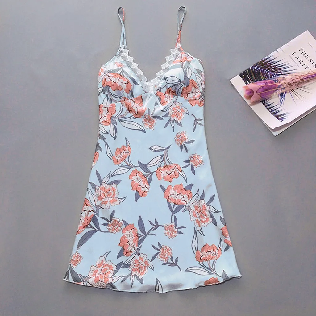 sleepwear women Satin Flower Printint Silk Lingerie Bow Lace Pajamas Sleeveless Sleepwear Nightdress E30 | Женская одежда