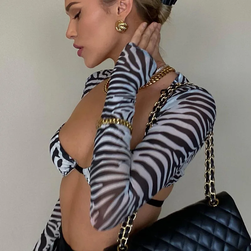 

Fashion Retro Zebra Print Mesh See Through Long Sleeve Cropped Tops Summer 2021 Women Tees Slim Sexy T-shirts Club Streetwear
