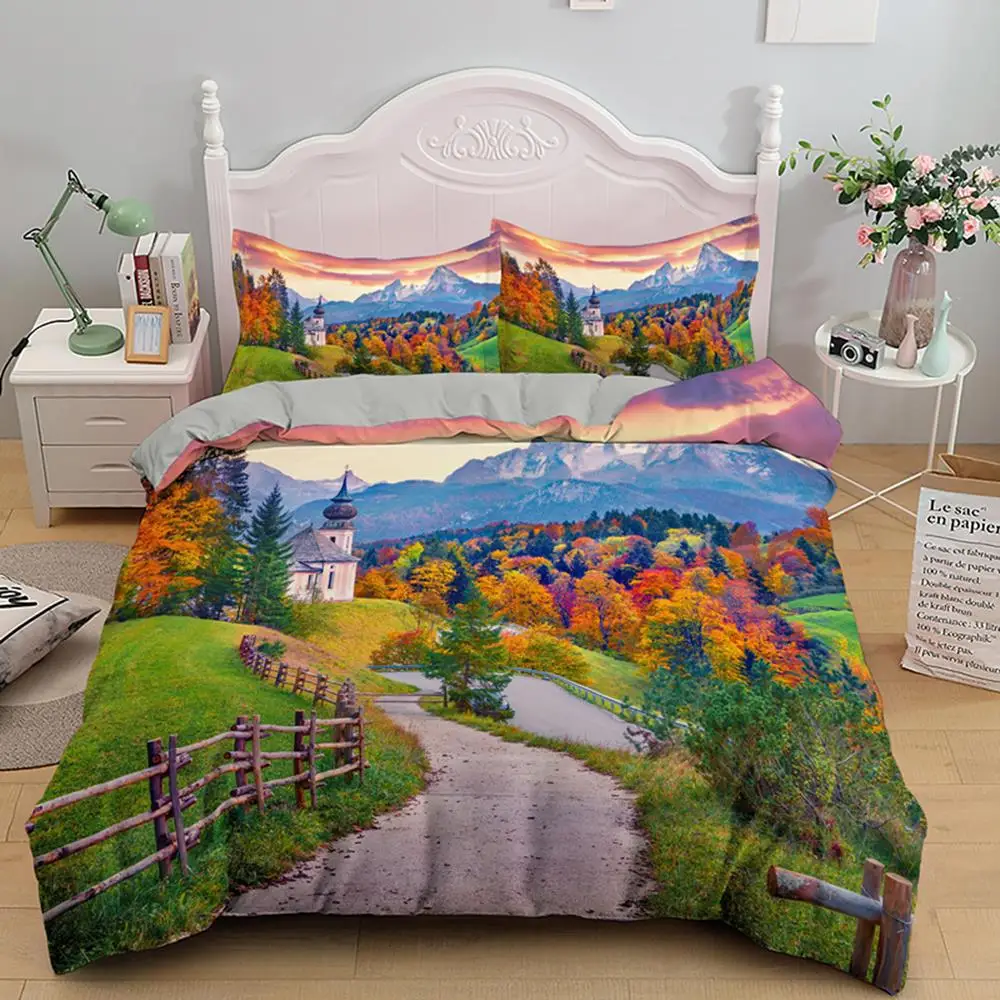 

3D Landscape Bedding Set Mountain Tree Printed Scenic Sunset Duvet Cover With Pillowcases For Home Bedroom Twin Queen King Size