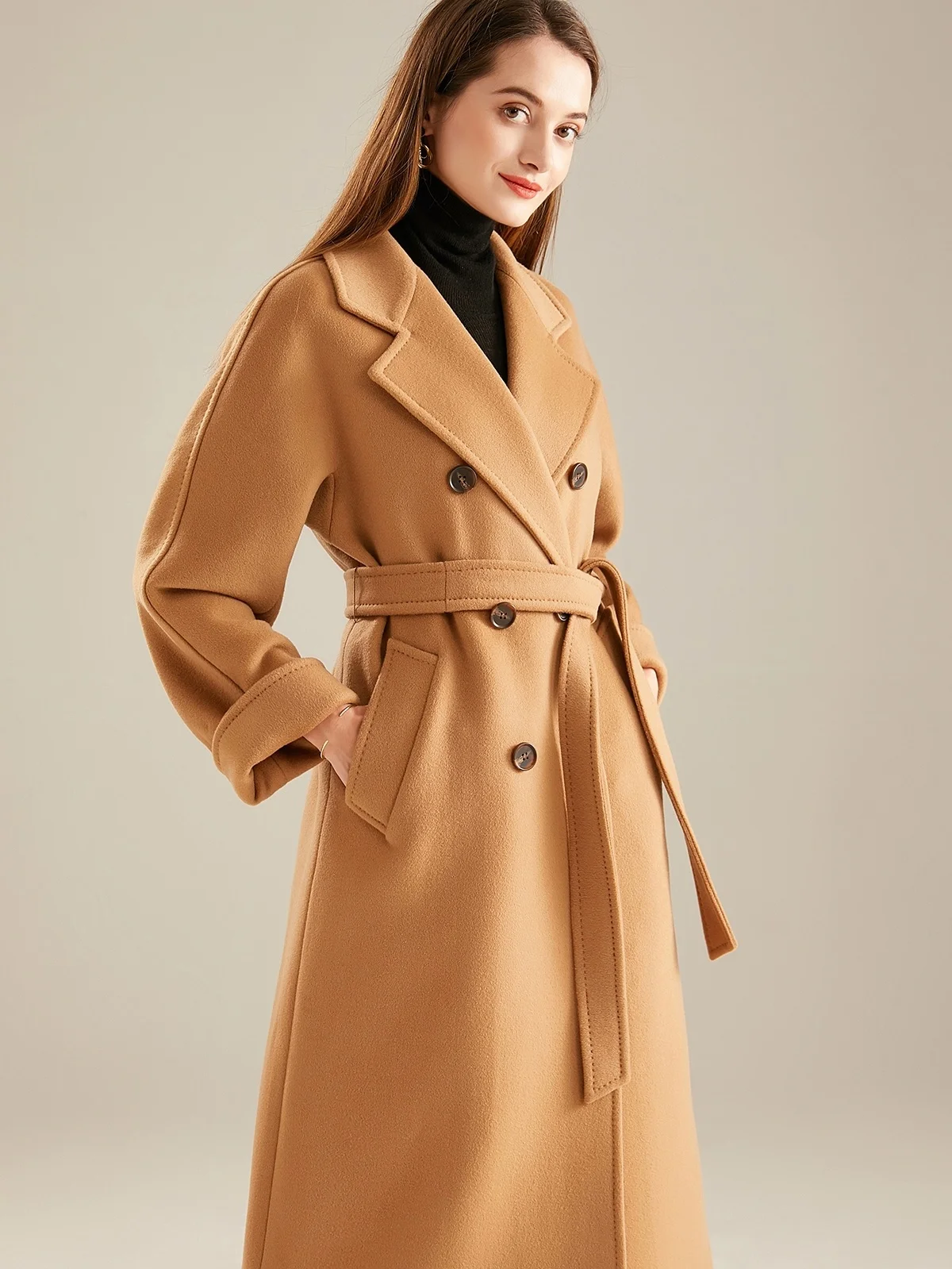 

high end medium and long camel wool coat women's double-sided double row button cashmere coat women's