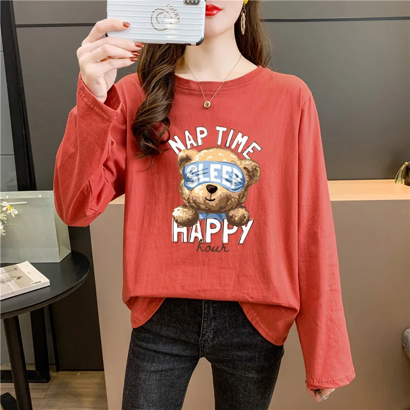 

Fashion Ladies Long-sleeved T-shirt 2021 Autumn And Winter Korean Version Of The Playful Cartoon Bear Couple Bottoming Shirt