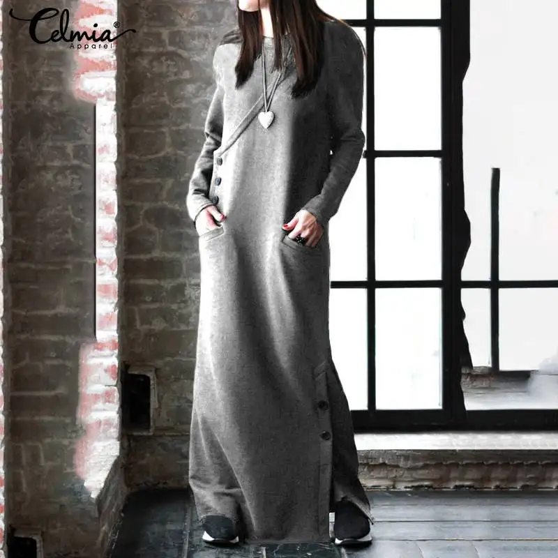 

Celmia Kaftan Slit Sweatshirt Dress Women Long Sleeve Casual Baggy Maxi Dresses 2022 Vintage Winter Fleece Long Robes Vestidos