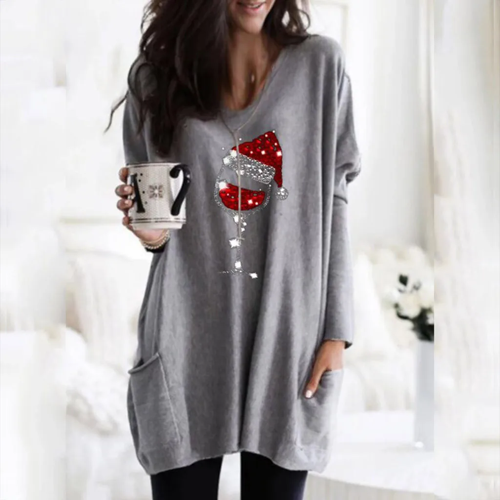 Christmas Hat Print t shirt Women's Long-sleeved Casual Lady Pullover Tops 2020 christmas clothes t-shirty damskie harajuku | Женская