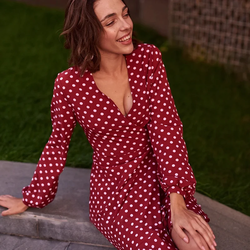 

Women Polka Dot Chiffon Dress 2022 Spring Fashion Long Sleeve Party Vestidos Vintage Women Female Ruffle Robe Dress Mini Sexy