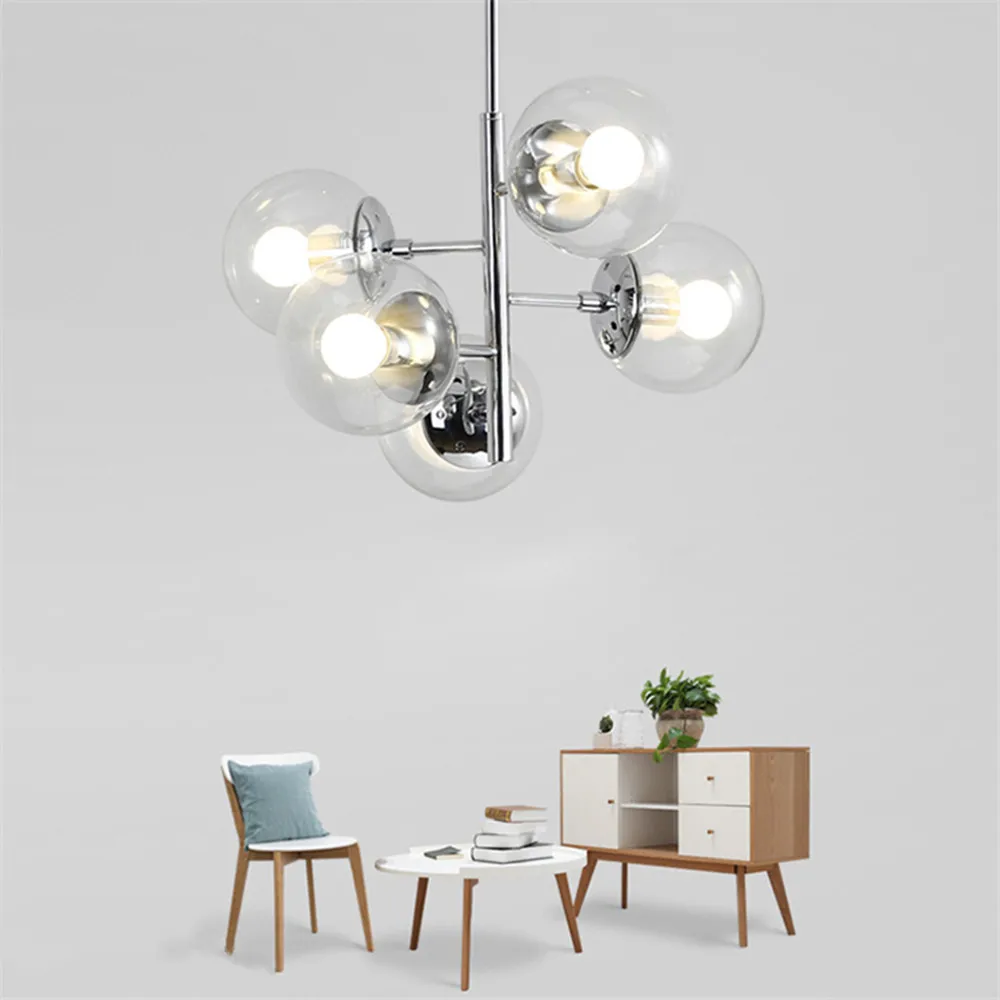 

Modern glass ball chandelier Led Nordic Dining Room Glass Design Chrome silver lamp Living Room Decoration foyer chandelier