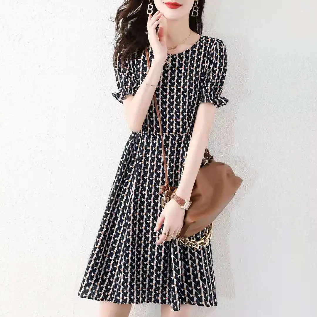 

Newly Women's Floral Printed Short Dress French Style Round Collar Puff Short Sleeves High Waist Slim Style Dress for Summer
