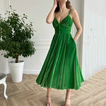 Fashion A-Line Green Velvet Short Tea Length Prom Dress Sexy V-Neck Spaghetti Straps Party Evening Gowns With Pockets (3)