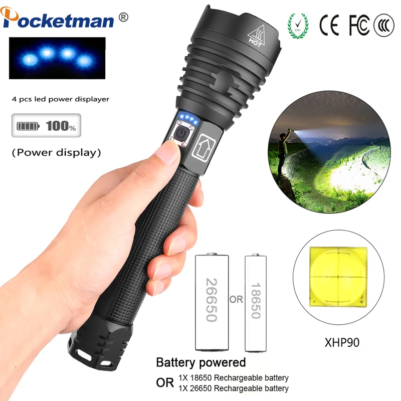 

Светодиодный фонарь XHP90 с высоким люменом и дальним радиусом, тактический зум, Перезаряжаемый USB фонарь XHP50, ручная лампа 26650, 18650, фонарик