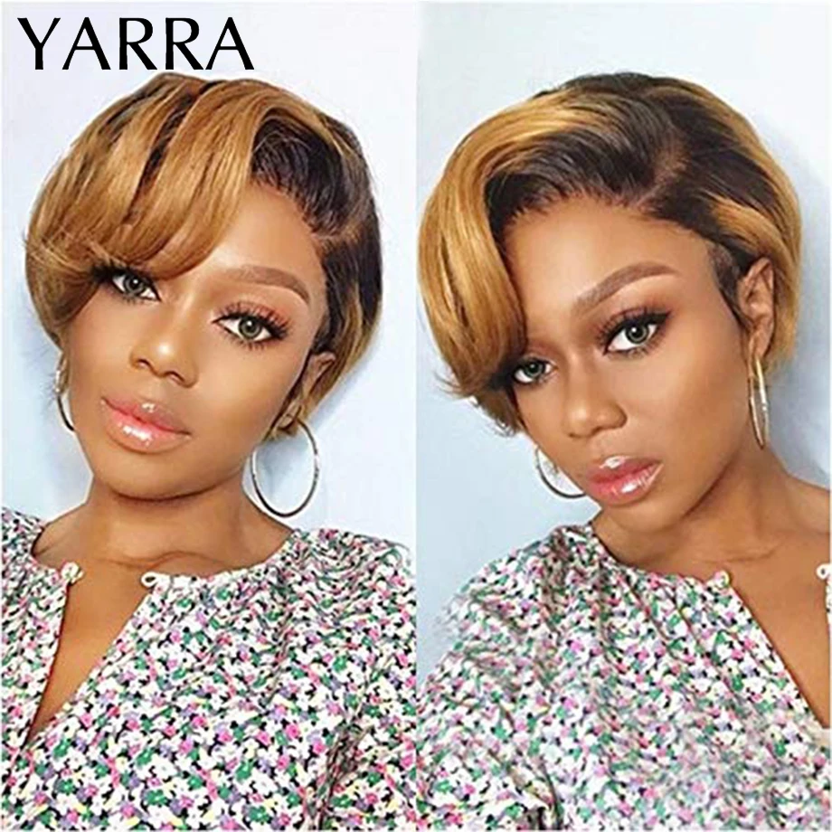 13*6  L Part Lace Front Wig For Black Women Short Straight Pixie Cut Human Brown Blonde Ombre Remy Hair Bob Wig YARRA