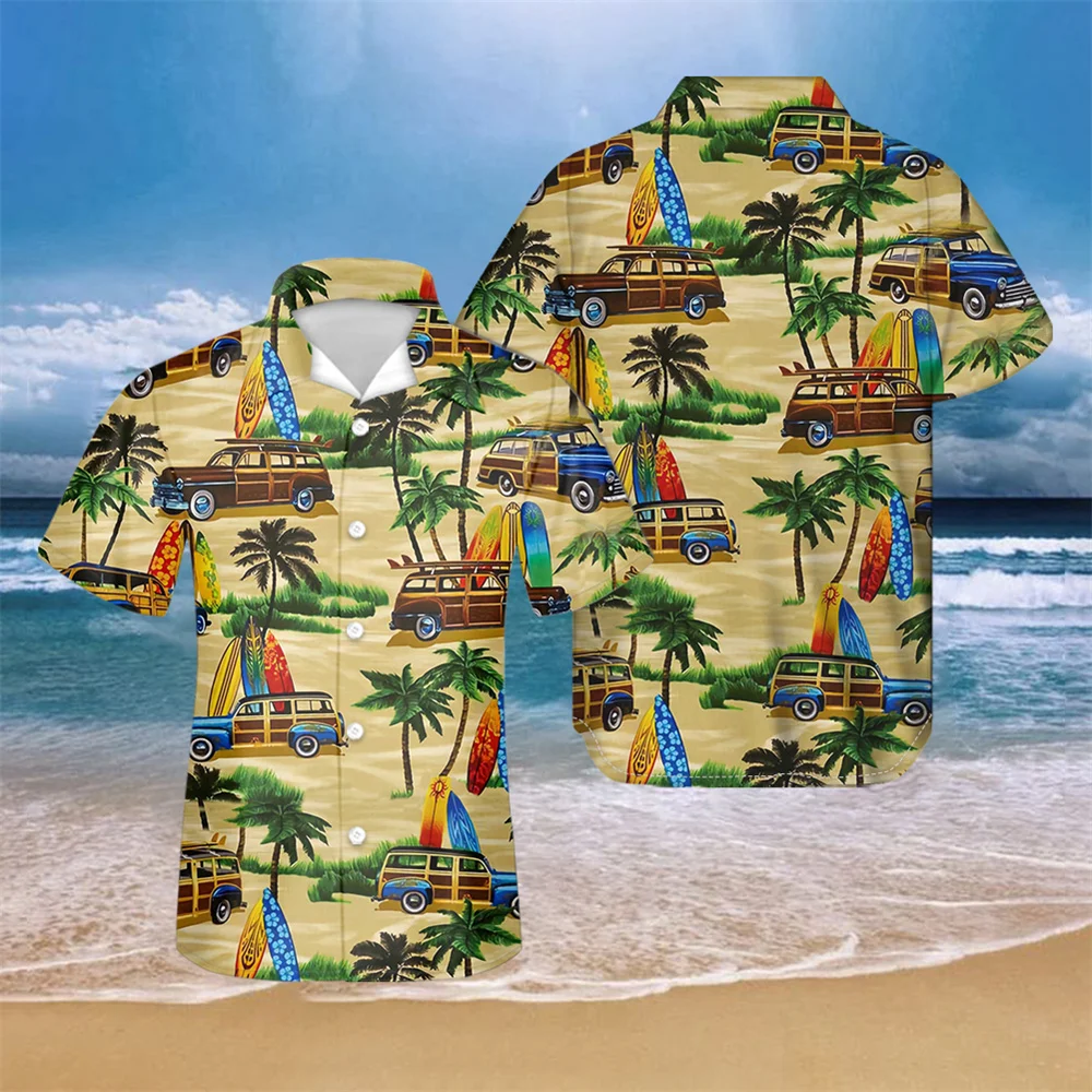 

Antique Car Design Aloha Hawaiian Shirts for Men's Turn-down Short Sleeves Beach Holidays Tops Casual Button Camisa Masculina