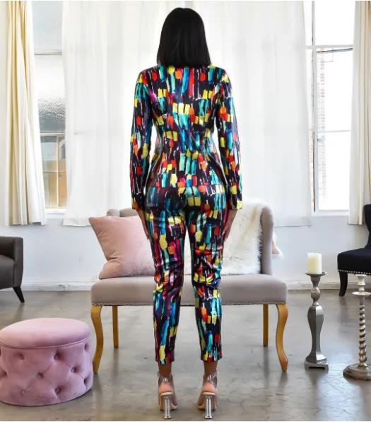 

2021 new Colorful Print Women Pant Suits Blazer Jacket & Pencil Pant 2 Piece Set OL Work Office business suits Female group