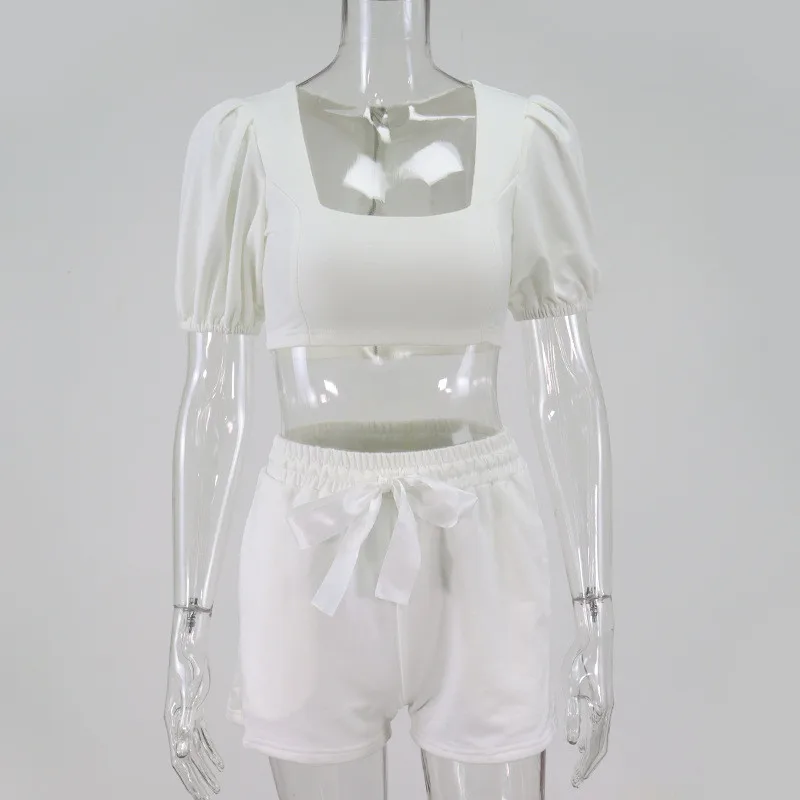 

Ahagaga Casual Tracksuits Women Fashion 2 pieces Short T-shirt and Drawstring Shorts Outwear Lantern Sleeve Pullovers Women Sets