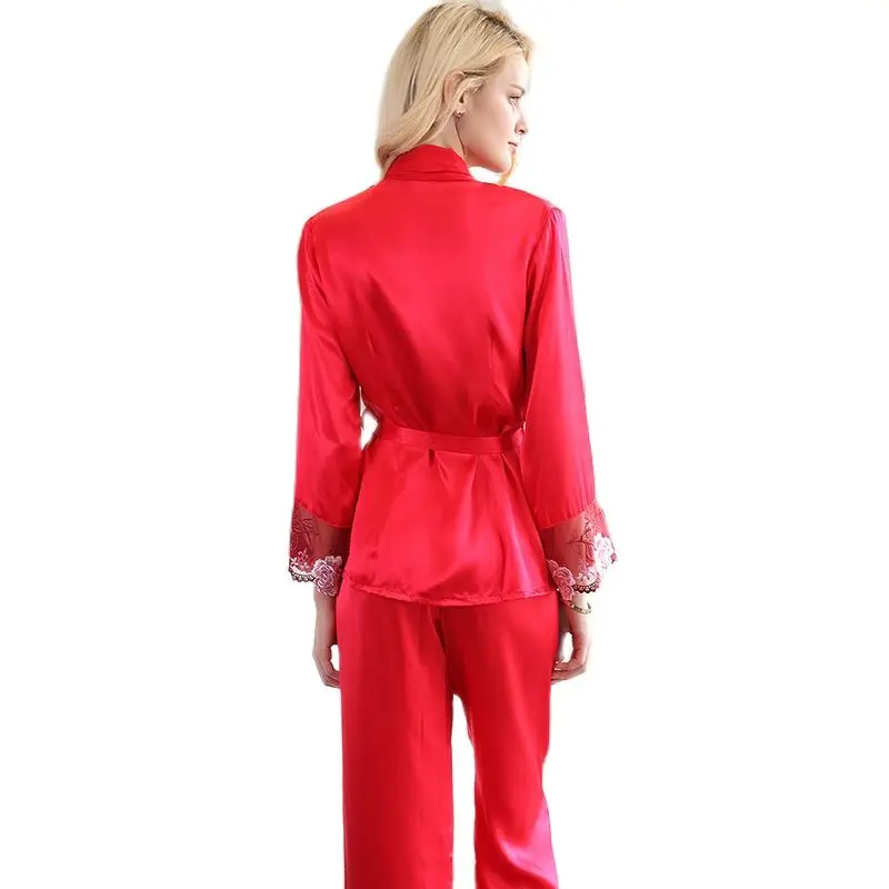 Пижама женская из натурального шелка Весна-Осень 100% Шелковая пижама с длинным