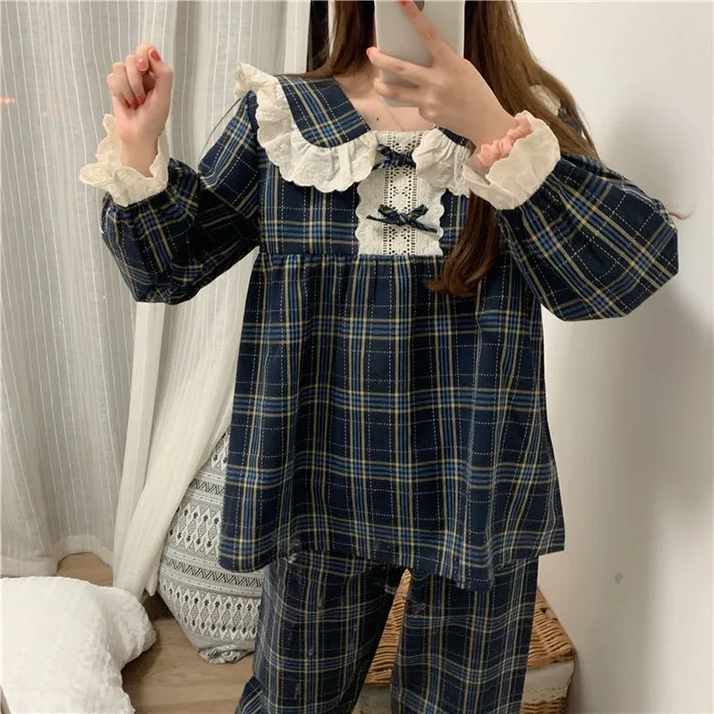QWEEK Pijama Plaid Korean Pajamas Women Autumn Sleepwear Female Set Lace Chic Loungewear Sweet Long Sleeve Pyjamas Suit Negligee