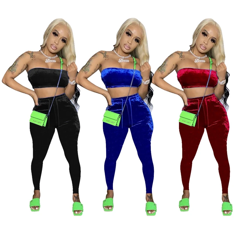 

ZKYZWX Sports Lounge Wear Korean Velvet Strapless Tops 2 Piece Set for Women Sweatsuit Sexy Pencil Pants Jogger Matching Sets