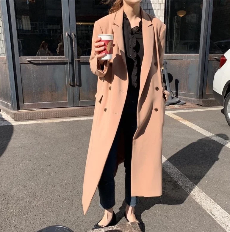 

Korean autumn winter British style loose suit collar long windbreaker coat