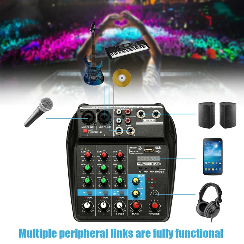 

Mutilfuctional 4 Channels Audio Mixer Sound Mixing Console With Bluetooth USB Record Low Noise 48V Phantom Power Monitor
