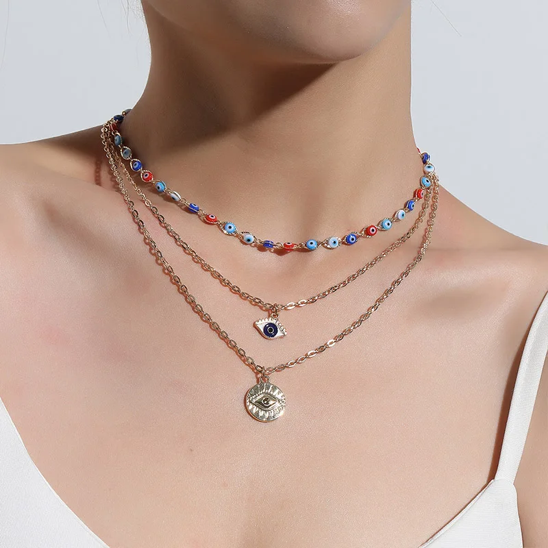 

New Choker Beads Party Jewelry Bohemian Vintage Devil Pendant Necklaces Fashion Turkish Evil Eyes Multilayer Necklaces for Women