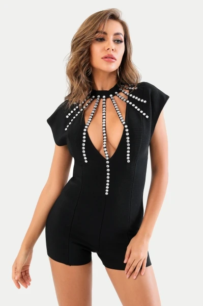 

CY Top Quality Ladies Summer Style Sexy Diamonds Black Bandage Jumpsuit Celebrity Fashion Night Club Party Rompers Women