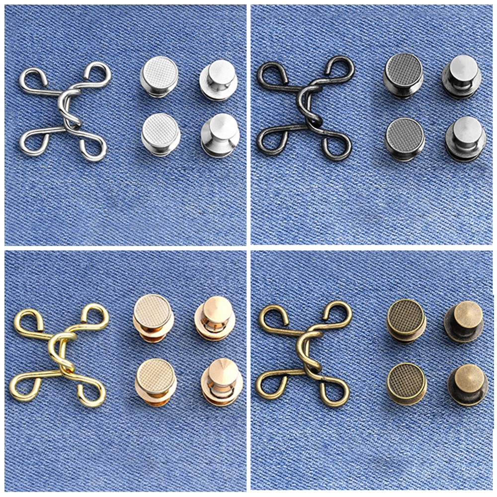 

4 Sets Nail-free Waist Buckle Adjustable Snap Button Removable Retractable Jeans Extender Set Pant Clothing Metal Button Sewing