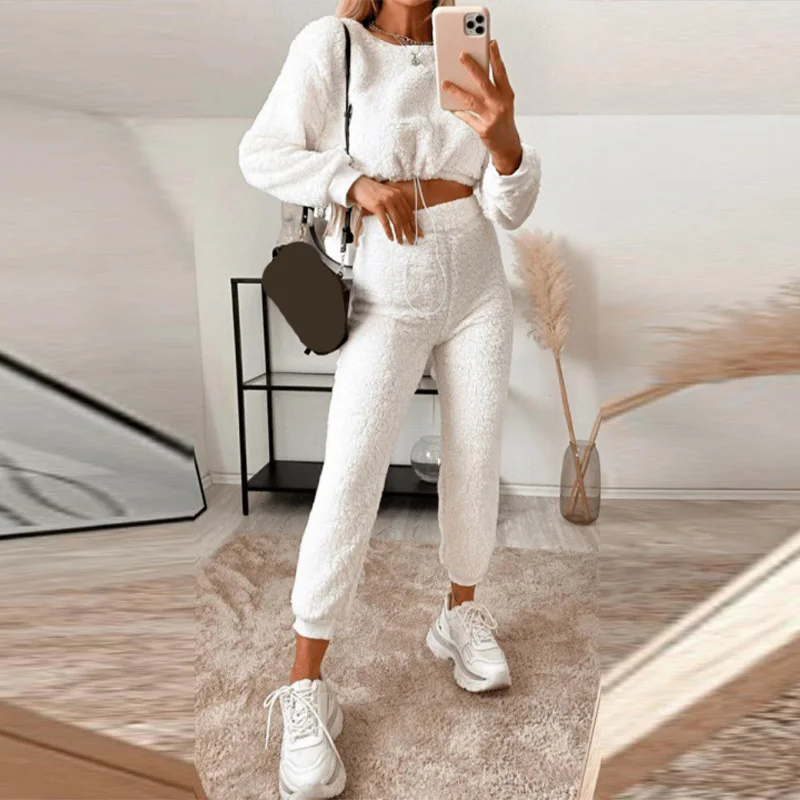 

Женский вельветовый комплект из двух предметов, укороченный Топ с длинным рукавом на завязках и брюки с эластичным поясом, повседневная дом...