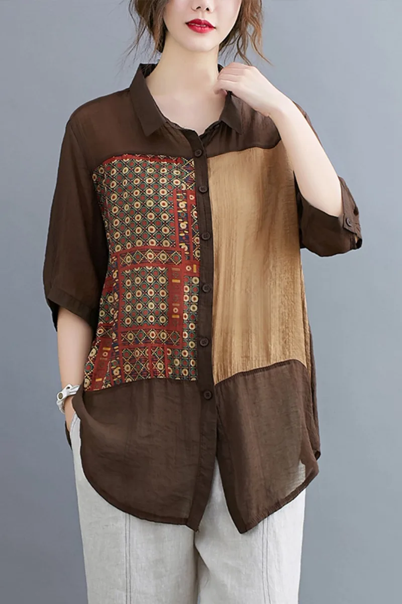 

LZMONE Summer New Large Women's Shirt Loose And Versatile Asymmetric Stitching Tencel Cotton Short Sleeve Shirt