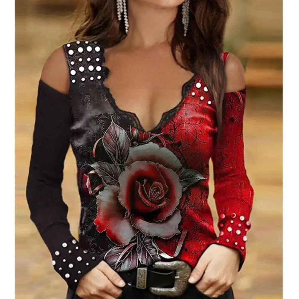 

2021 Women New Off-shoulder Color Matching Rose Print Clothing T-shirt Loose Casual Fashion Women's Long-sleeved E9m4