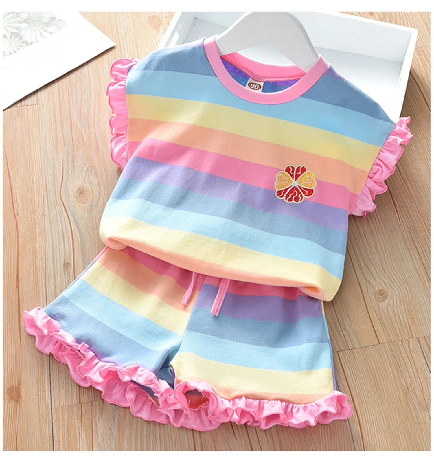 

Kids Toddler Girls Rainbow Striped Clothes Sets Summer Ruffled T Shirt Shorts Elastic Waist Cotton Outfit Girls Clothing 2-7year