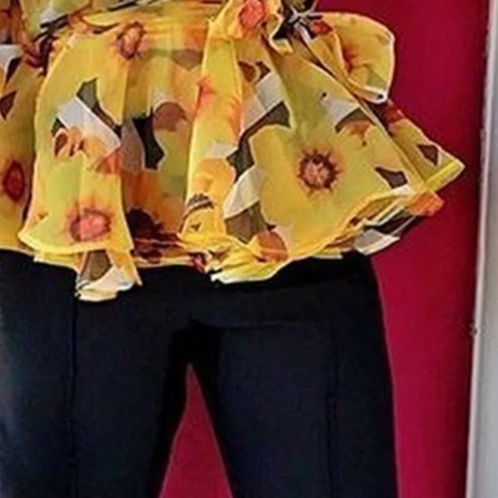 Винтажная модная женская блузка с желтым цветочным принтом пышный Топ длинным