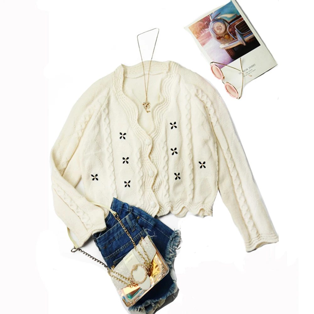 

New European and American Short Knit Cardigan Embroidered Small Petal Hollow V-neck Single-breasted Long Sleeve Cardigan Sweater