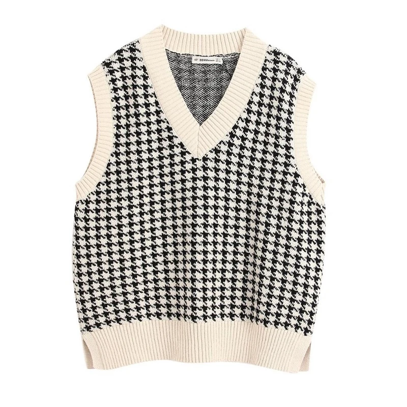 

2021 Houndstooth Knitted Vest Sweater Women V Neck Soft Sleeveless Side Vents Loose Female Short Waistcoat