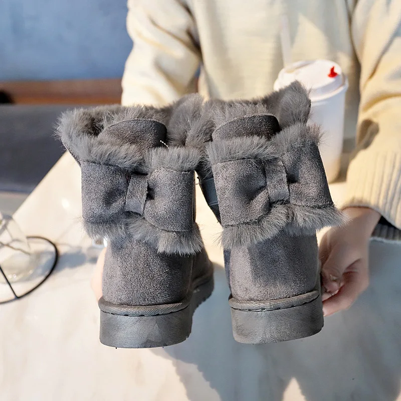 JINGKUBU/распродажа; женские ботинки из флока; модная зимняя теплая обувь для женщин; Высококачественная женская обувь с красным бантом в американском и европейском стиле - Цвет: gray