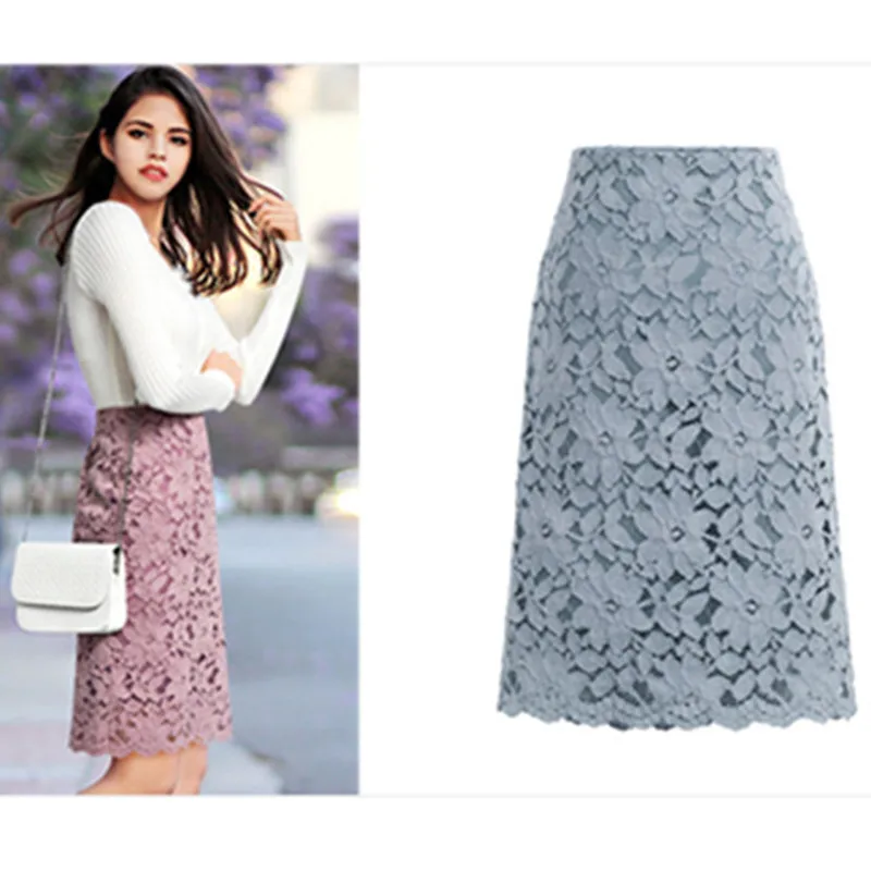 

Women Summer Plus Size Lace Elegant Office Skirts School Pure Girls Pencil Bandage Skirt Knee-Length High Waist Clothes