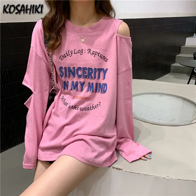 

KOSAHIKI Streetwear Casual Oversize Vintage Tops Y2K Harajuku O-Neck Women T-shirt Sexy Hollow-out Cotton Tee Shirts Femme