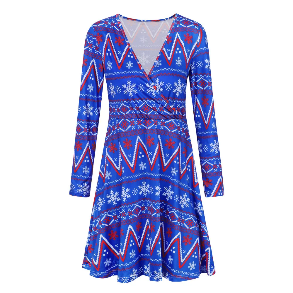 

Autumn Winter Clothing Party V Neck Long Sleeve Christmas Dress Women Vintage Casual A Line Holiday Printing Dresses Robe Femme