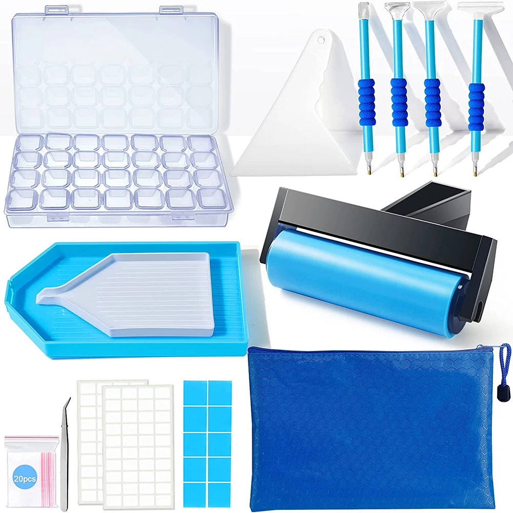 

Diamond Painting Tools With Rollers And Diamond Accessories Box,Point Drill Pen,Clay, Big Tray,Sticker Tweezers Zipper Bag Kit