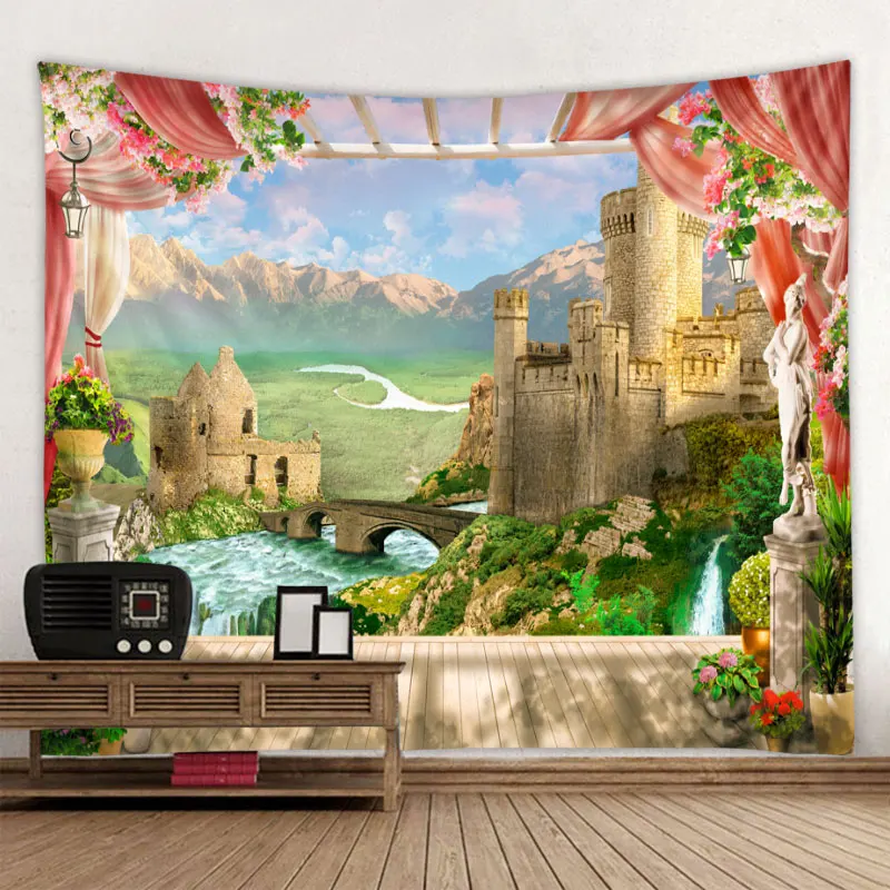 

Настенный гобелен с рисунком замка реки снаружи окна, дешевый хиппи, богемные настенные гобелены, мандала, Настенный декор