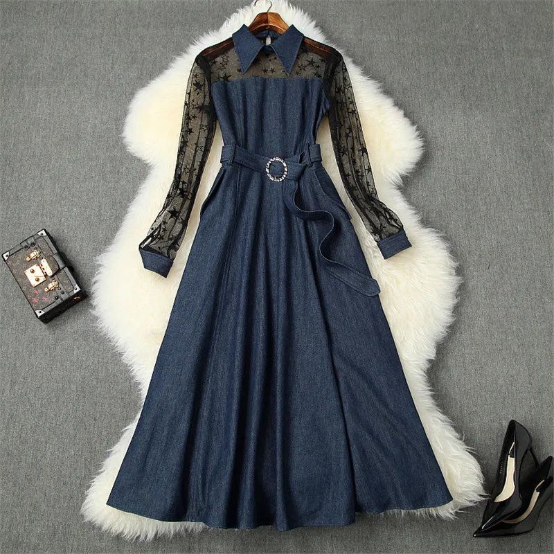 Женское джинсовое платье средней длины элегантное модельное из прозрачного тюля