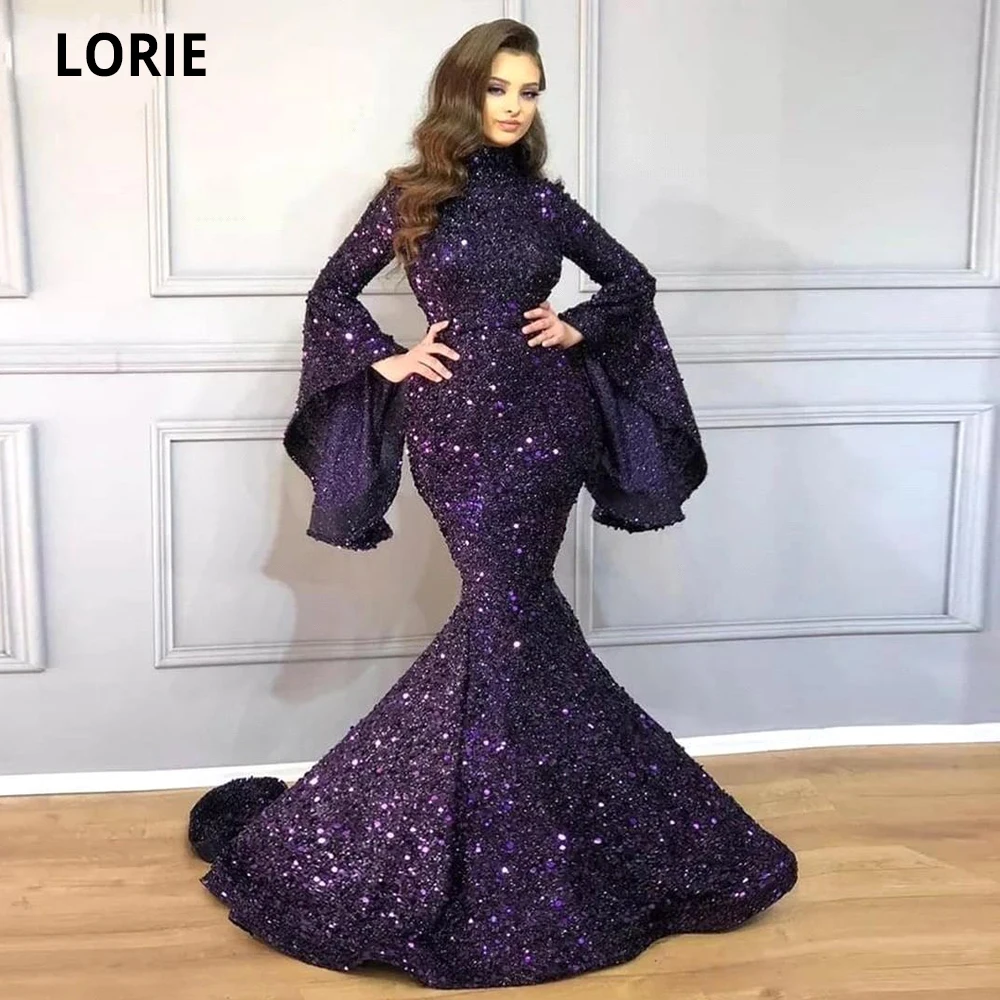 

LORIE Арабская высокая шея Блестки Вечерние платья Русалка 2020 расклешенные с длинными рукавами с открытой спиной Вечерние платья для выпускн...