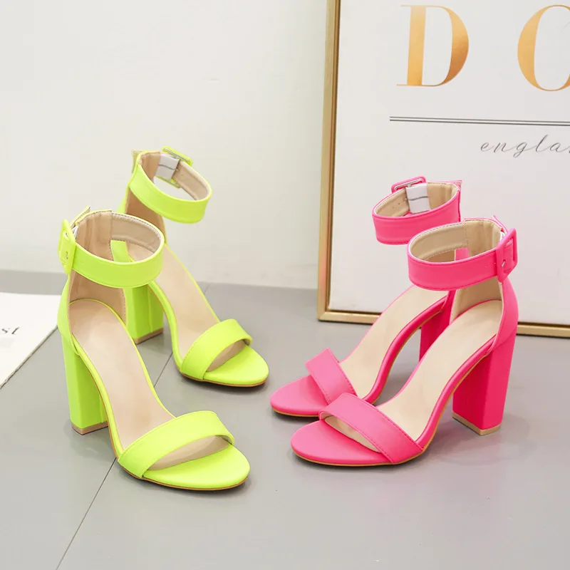 

2021Class PU Summer Women Sandals Buckle Strap Square High Heels Round Toe Party Solid Rose red Green Orange 2021
