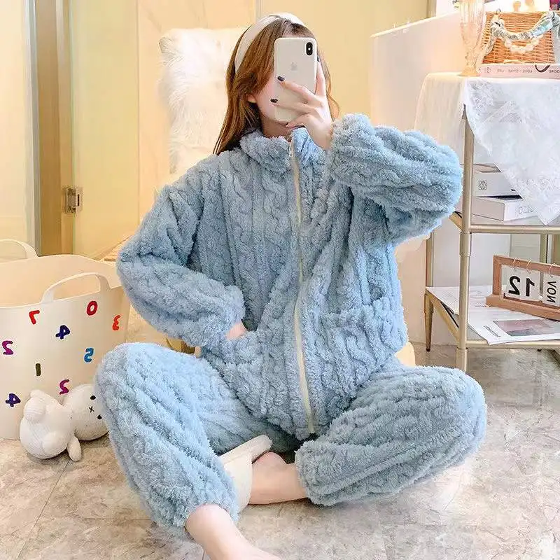 Winter Warm Flannel Women Pajamas Sets Coral Fleece 2 Pieces/Sets Long-Sleeved Trousers Sleepwear Casual Loose Homewear