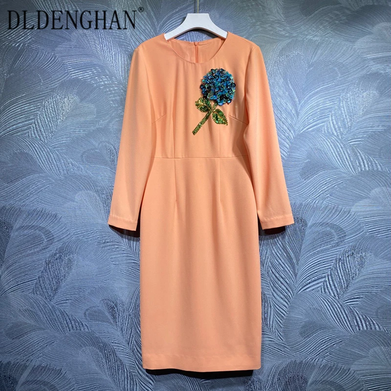 

DLDENGHAN Fashion Runway Designer Autumn Pencil Dress Women O-Neck Long Sleeve Beading Appliques Solid Dresses