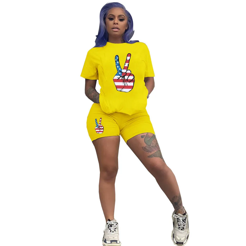 

Amercian Flag Print Two Piece Suit Women's Costumes O Neck Short Sleeve T Shirt And Jogger Short Harajuku Lounge Wear Sweatsuits