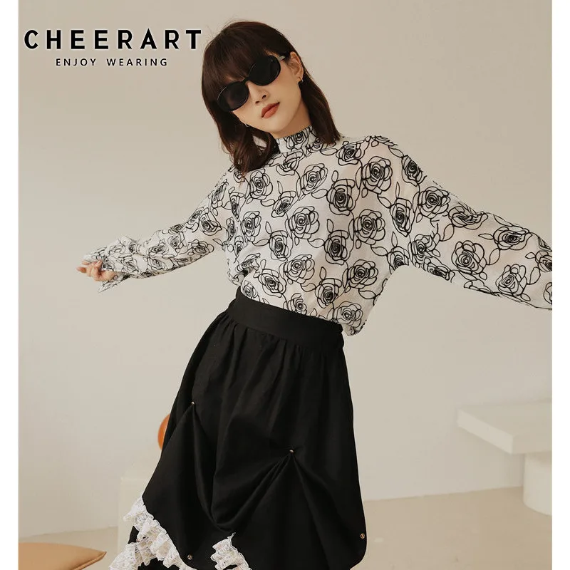 CHEERART осень Водолазка с длинным рукавом Блузка Роза жаккардовый женский топ свободная Цветочная блузка повседневный Топ Женская одежда
