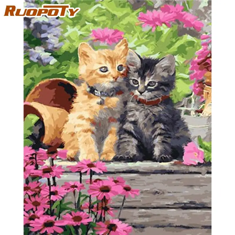

RUOPOTY 60x75cm Frame Paint By Number For Adults Pink Flowers Cat Modern Picture By Numbers Acrylic Paint On Canvas Home Decor